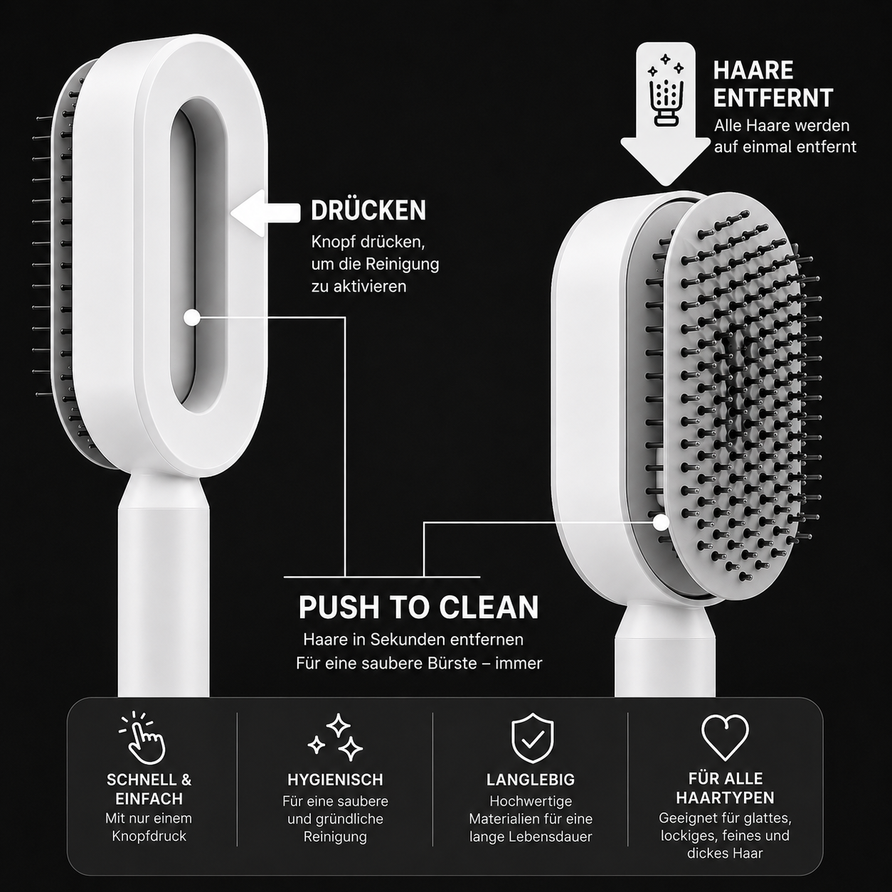 Push-to-clean Haarbürste – Selbstreinigend & zeitsparend